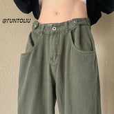 Men Jeans Green Washed Jeans Men's Autumn Width Straight-Leg Trousers